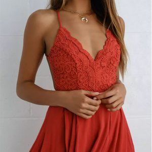 Star Spangled Rust Red Backless Lace Romper